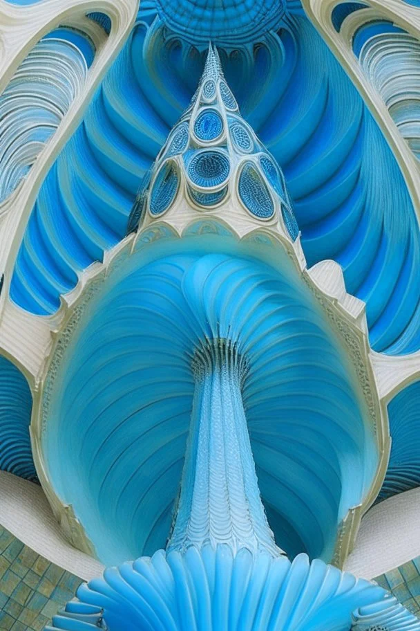 a blue and turquoise cathedral in a vertical Nautilus shell by artist "Dorian Haqmoun"