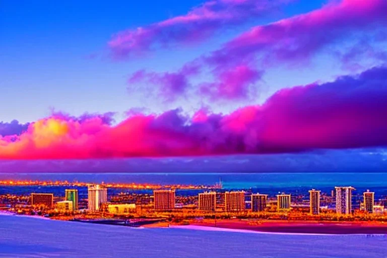 Honolulu Hawaii hotels covered in winter snow and ice at sunset, bright colors, winter wonderland