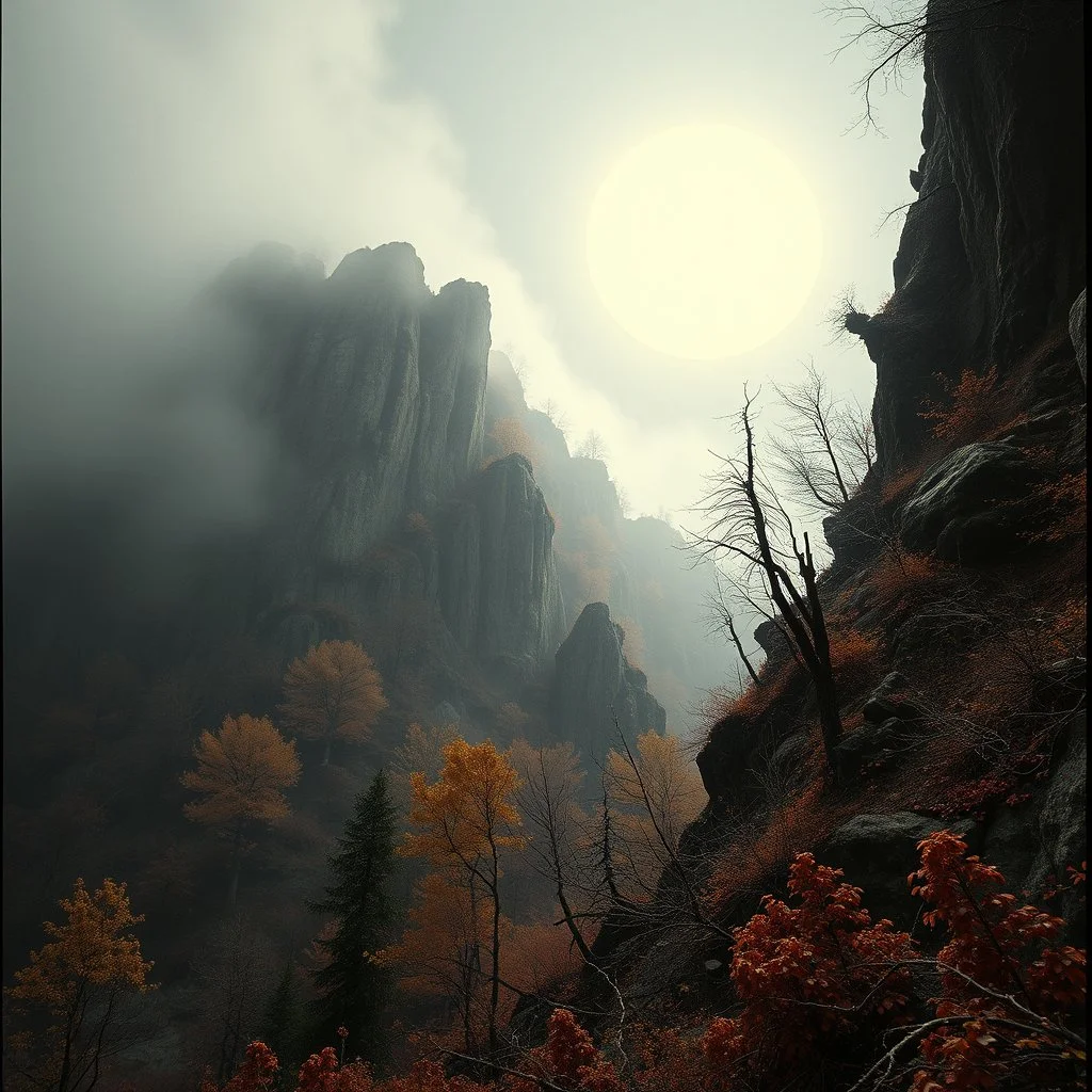 Close-up Ilford photograph of a creepy surreal landscape, eerie, no style, steep wall, autumn vegetation, very surreal, trees, spooky, metaphysical objects, giant sun, intricate, thoughtful, appalling, mountain rocks, figures, deep 3d field, 8k, hypermaximalist, lot of fog