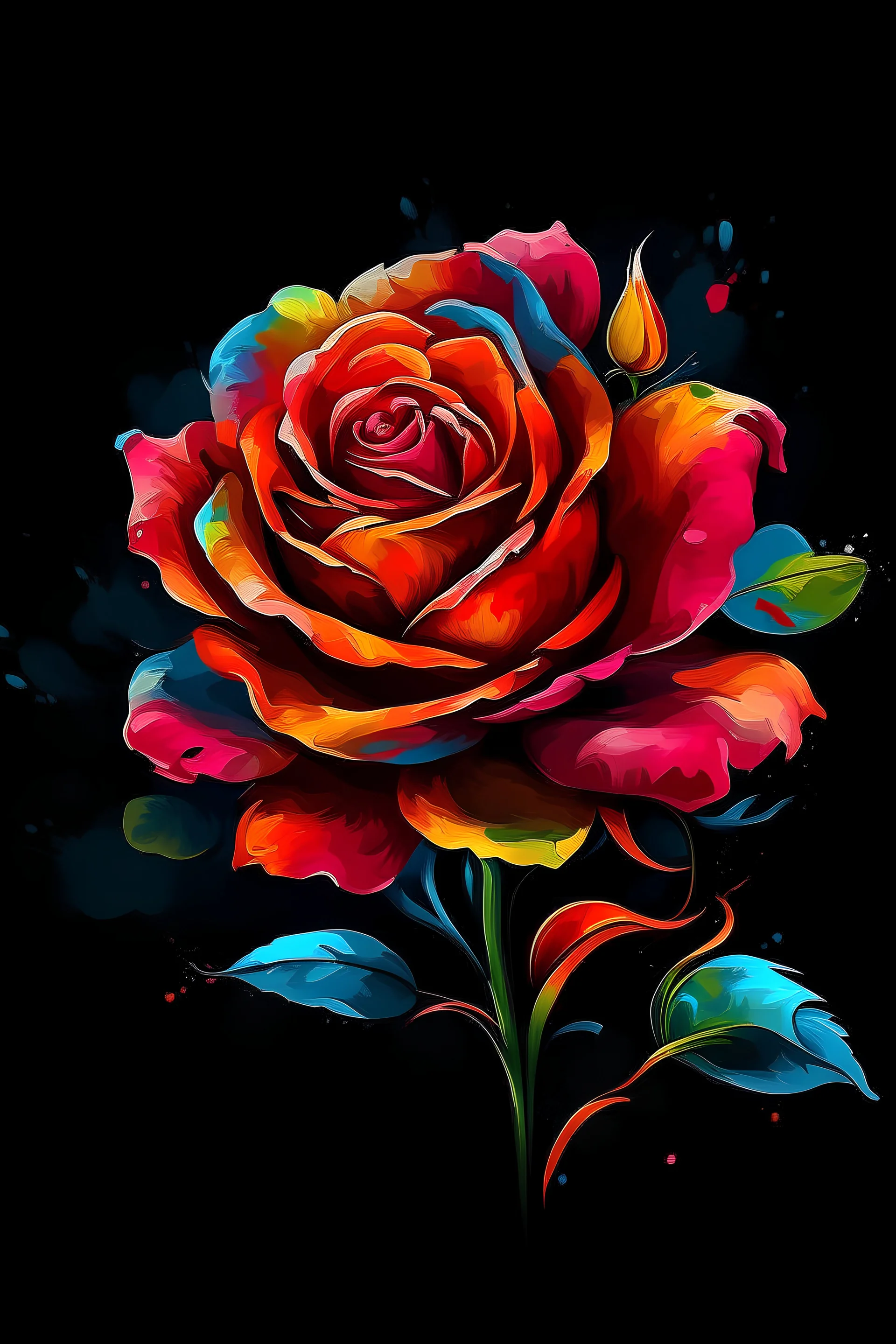 a painting of arose flower on a black background, a digital painting, by Jason Benjamin, shutterstock, colorful vector illustration, mixed media style illustration, epic full color illustration, mascot illustration