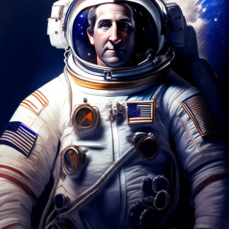 Portrait of George Washington in a space suit in the style of Jim Lee and Paul Hedley, Gabriel Testino, 8k, cinematic, ultra hd, sharp focus