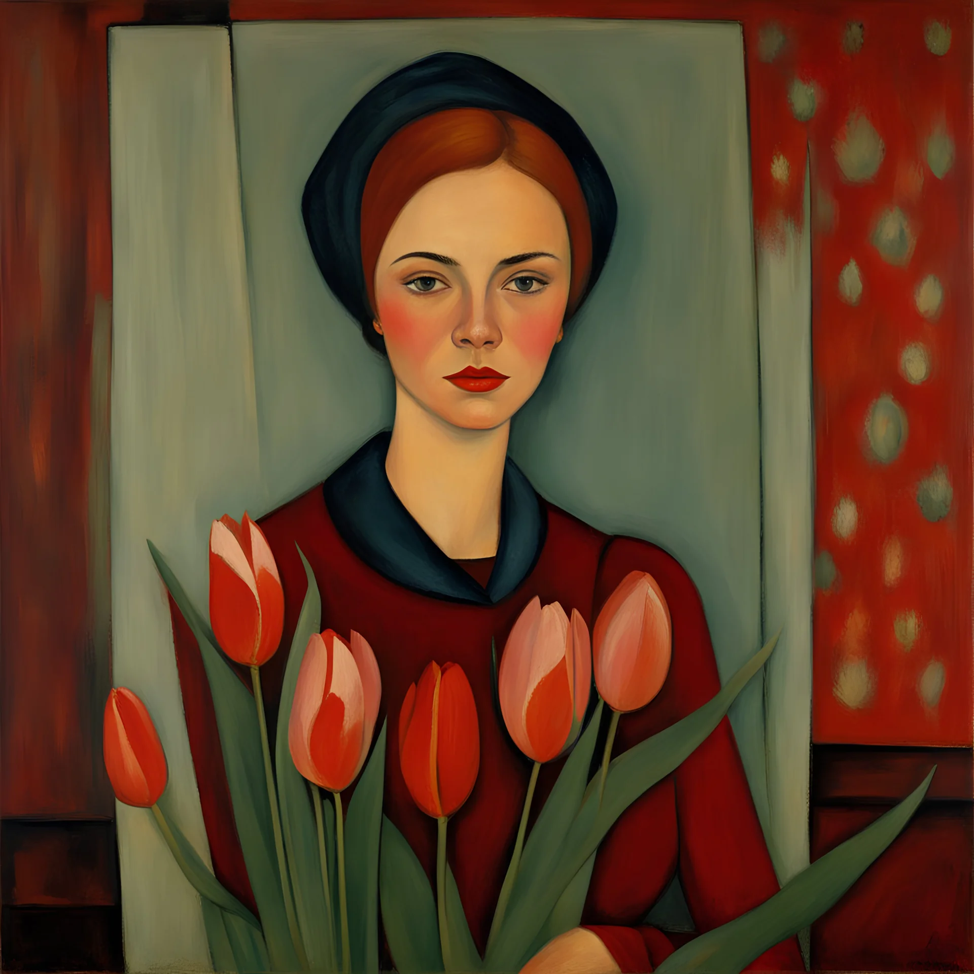 A portrait of a pretty young soviet union woman with tulips painted by Modigliani