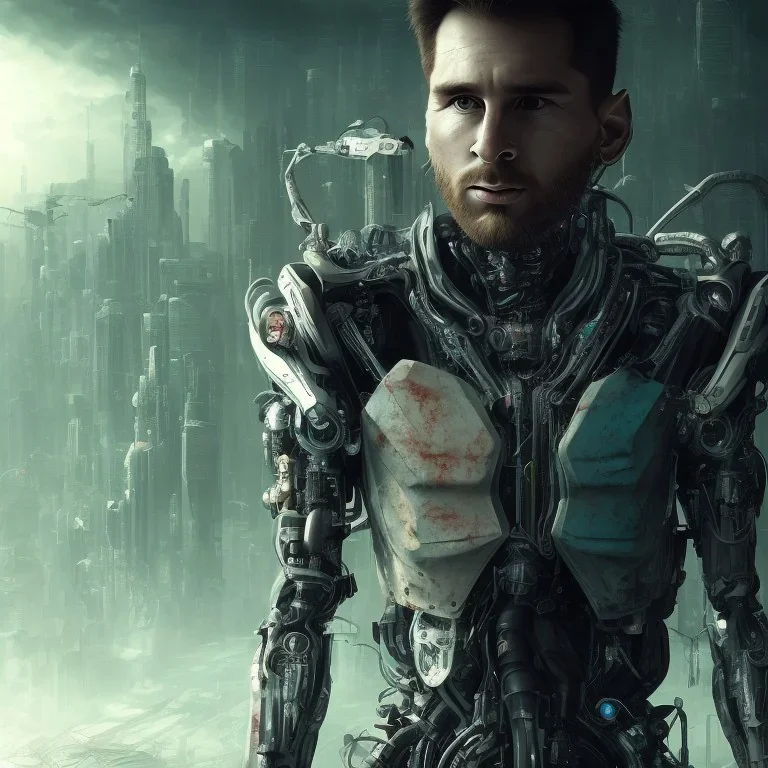 portrait post-apocalypse perfect face lionel messi cyborgs in a cyberpunk city, sci-fi fantasy style, 8k,dark