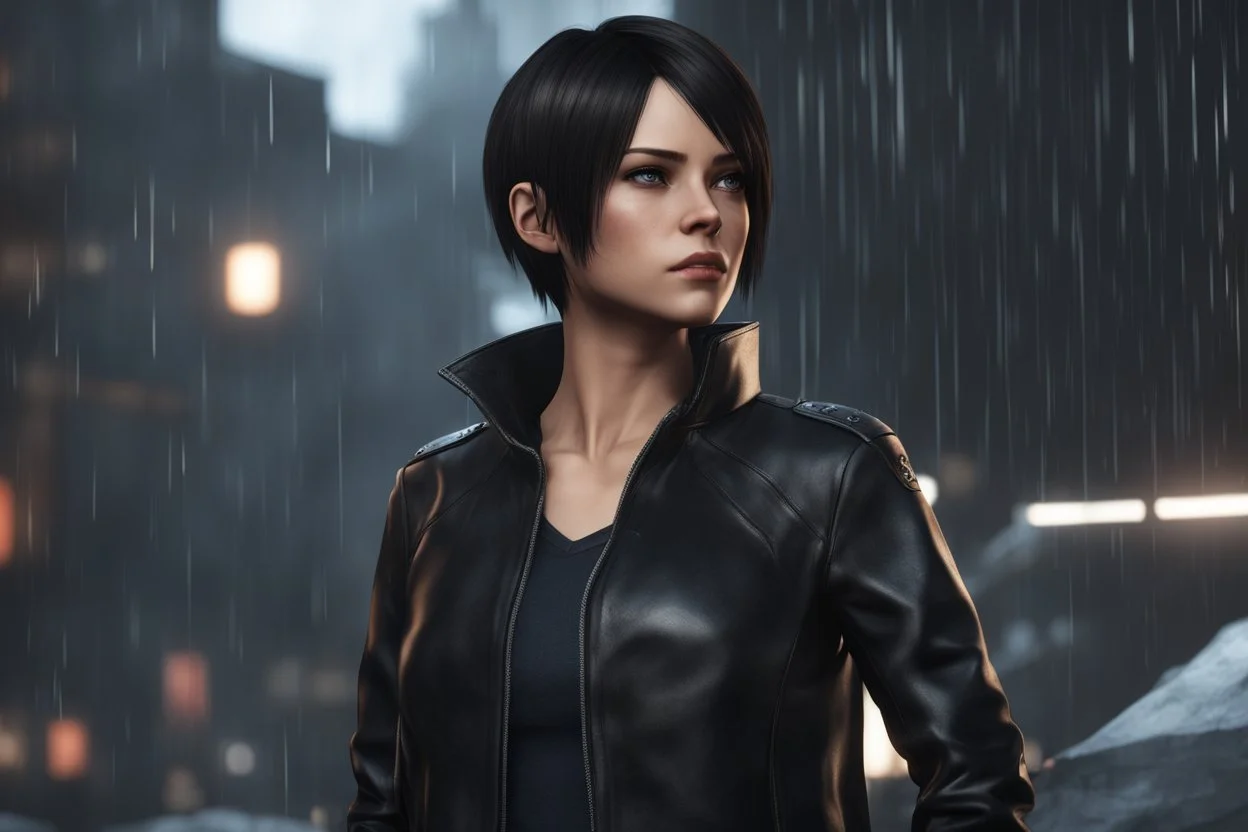 Carla in black short hair in 8k anime cgi artstyle, Detroit become human them, normal eyes, close picture, rain, apocalypse, intricate details, highly detailed, high details, detailed portrait, masterpiece,ultra detailed, ultra quality