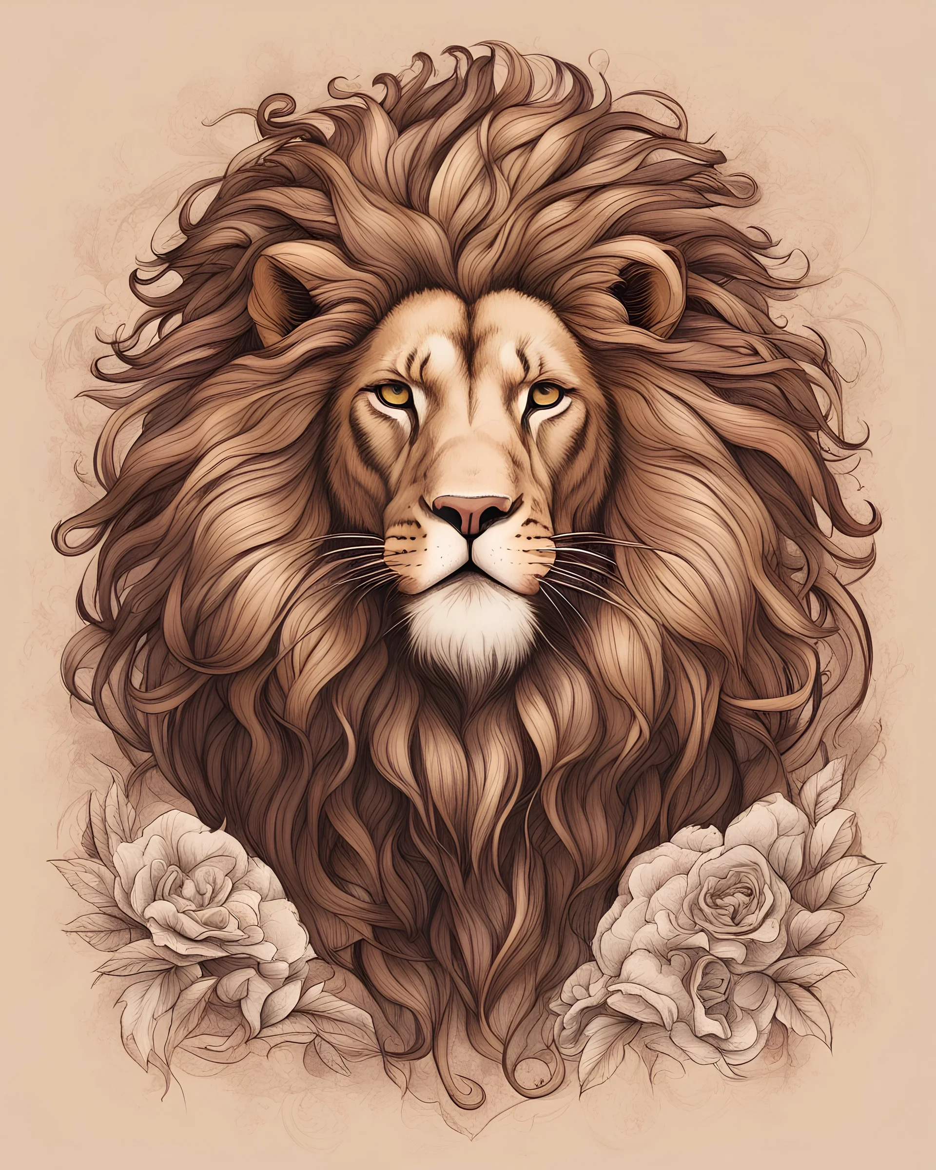 Holy Lion's Blessing in color sketch note brown print art style