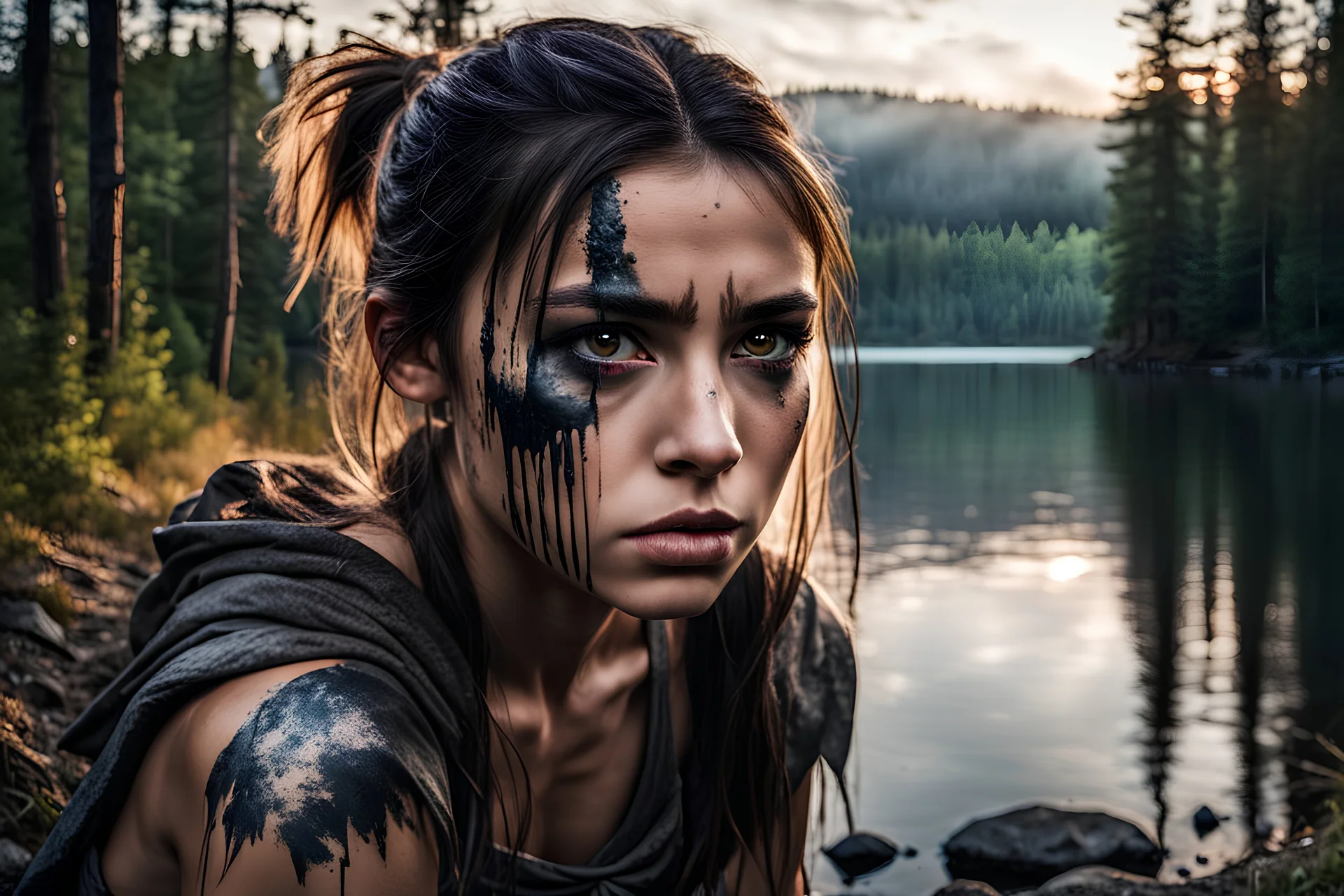 Warrior girl with thick black tears down her face, gritty, crouching down low at edge of thick forest looking at lake shore, at dawn, focused, determined, photo realistic photograph