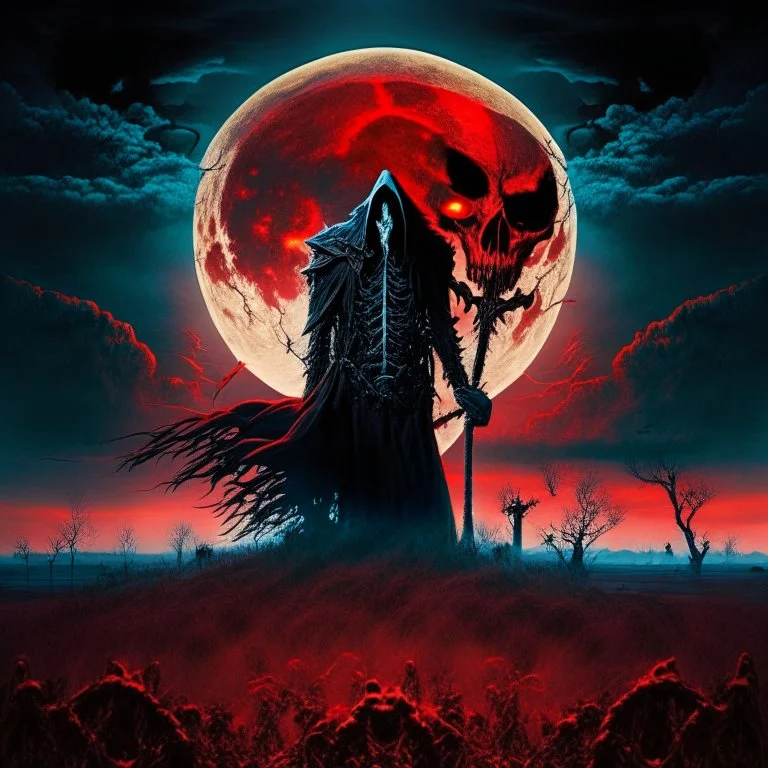 double exposure brilliant fantastical Grim Reaper with red glowing eyes photo layered with moon rising over field of the wailing damned, by Michael Whelan, Eldritch aesthetic, dynamic composition, heavy metal magazine cover art