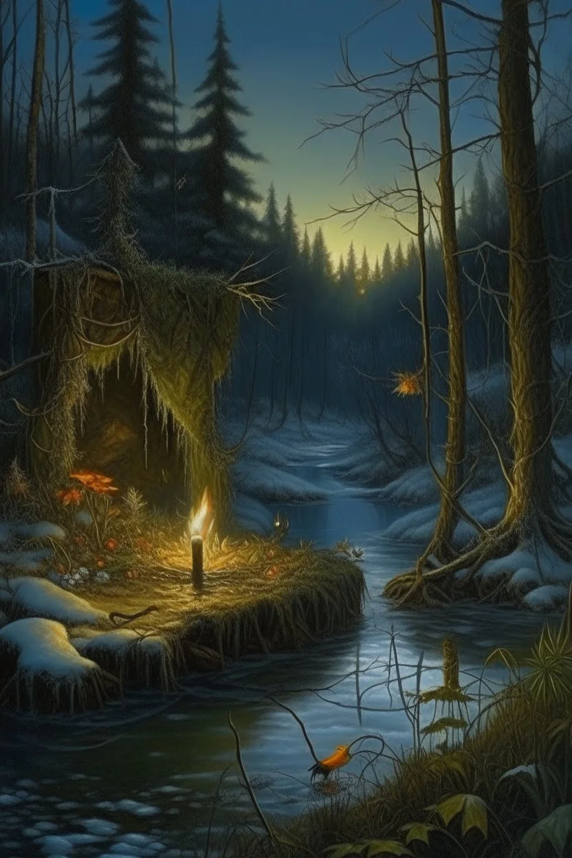 Hyperrealism against the background of a winter landscape in a forest with a bonfire +mirror portal with a whirlpool of water + +rite+candles+dried flowers+wildflowers+moss++flower decoupage+embroidery technique+braided beads+vine+moonlit night,fabulous landscape,surrealism,realism,naturalism,dot technique,microdetalization,high detail objects,digital illustration,volumetric clarity,dark fantasy,dark botanical