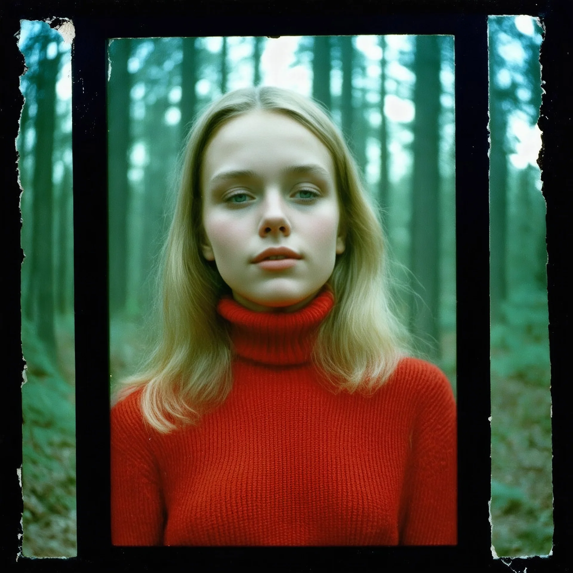 1970, old damaged Autochrome photo with black frame, Young Singer Michelle Phillips , in the dark woods; red turtleneck sweaters, close up