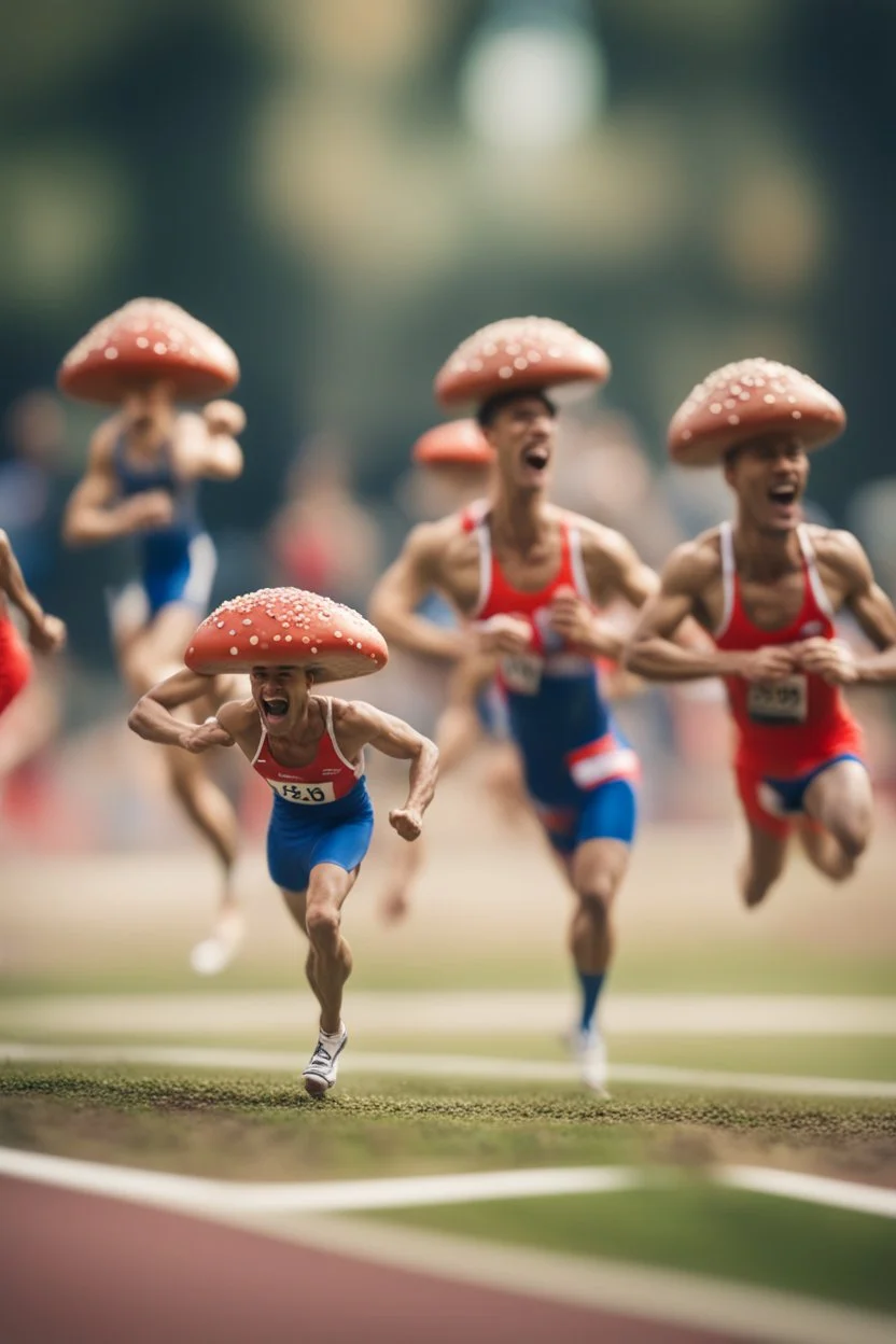 mushroom men running 100 meter in the Olympics ,bokeh like f/0.8, tilt-shift lens 8k