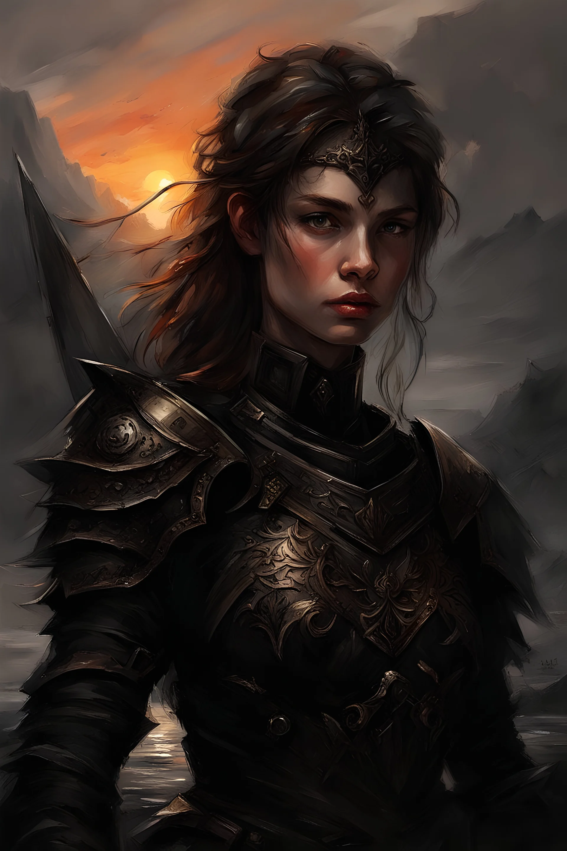 A formidable warrior girl in black armor, on the background Amazing gloomy landscape, flooded with sunset, mountains, trees, fabulous scary hero, , juicy emotions, painting, dark fantasy, gloomy day, dark world, portrait, by James Paick & Anna Razumovskaya