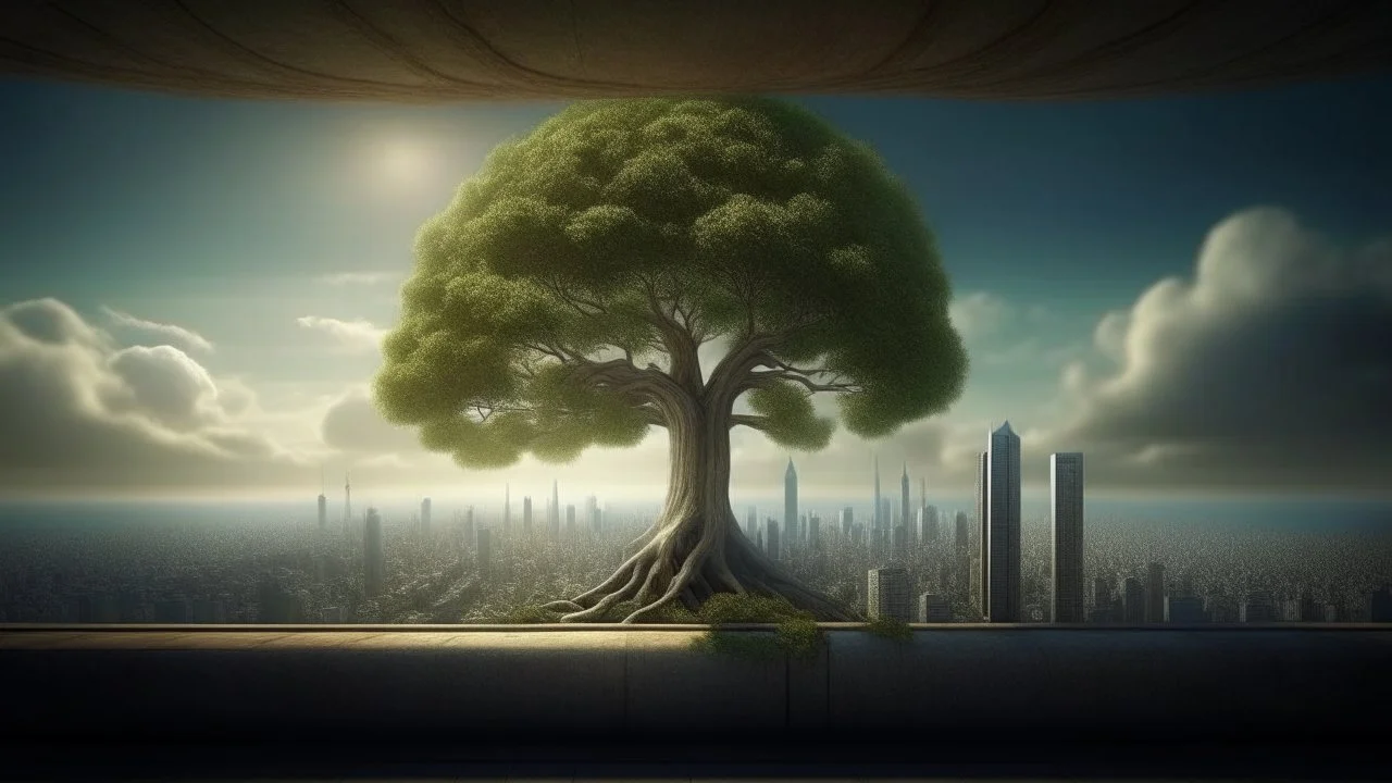 the last tree on earth, view from a far, portal to a space near the tree on the left, on the right city of the future year 4222, very realistic,