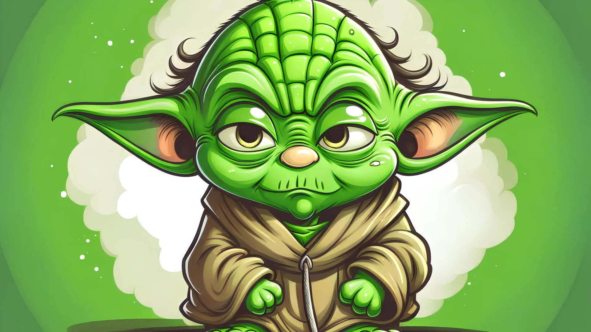 a cute, Yoda, serious and full of wisdom, with smiling eyes, caricature image