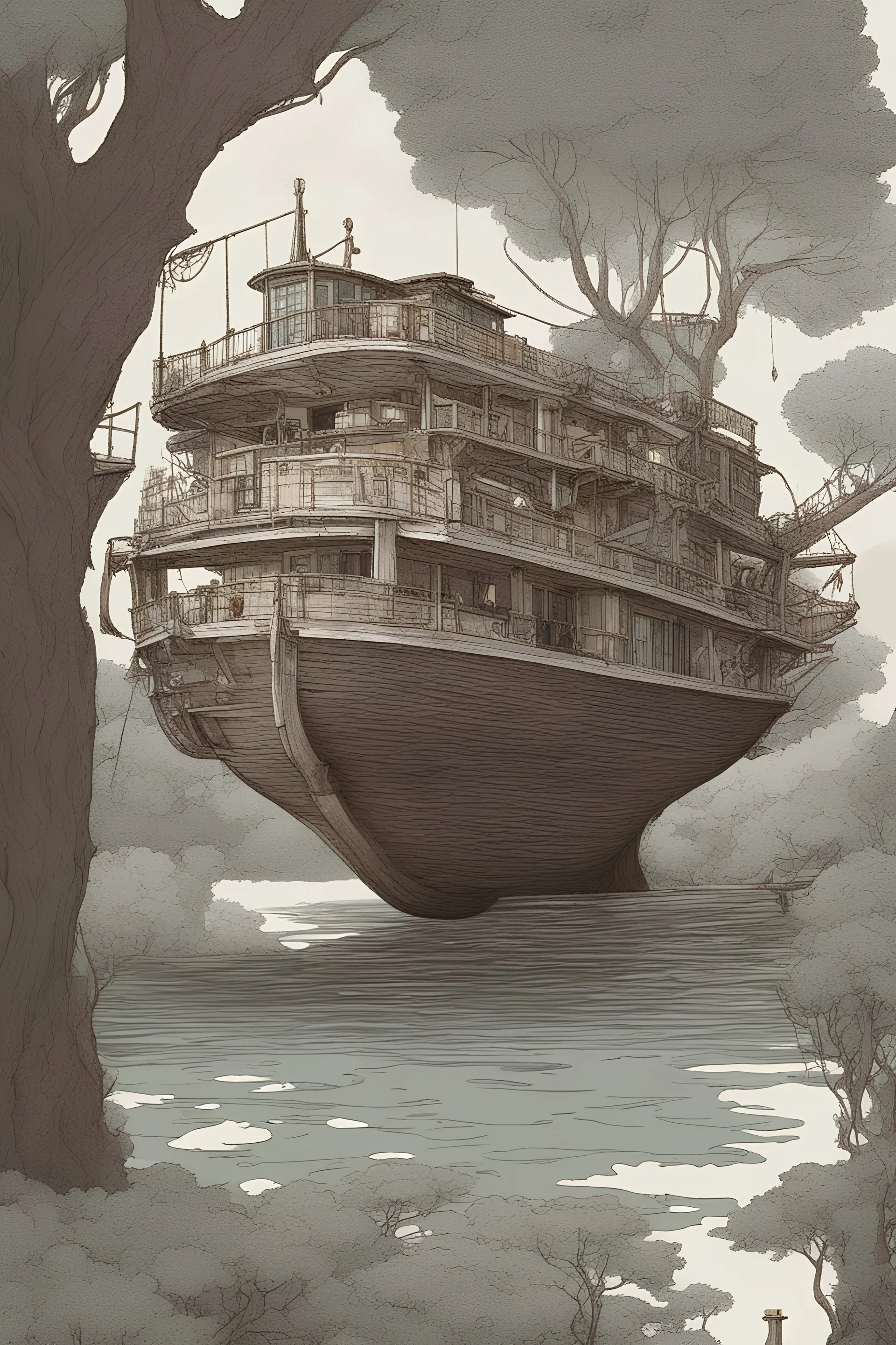 A ship in the house, above them, the sea and the trees.