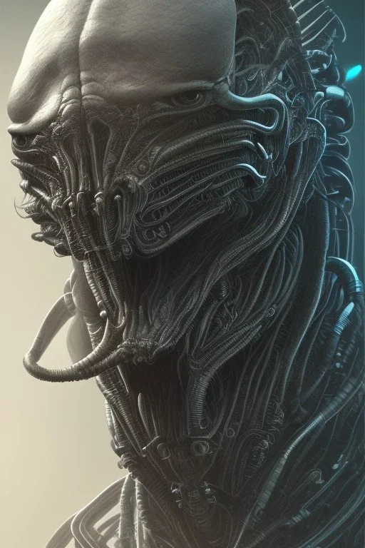 evil predator, alien, brutal face, tron, head, bitcoin eyes, 8k, finely detailed, dark light, photo realistic, hr giger, cyberpunk