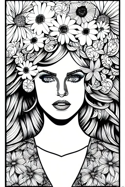 hyper detailed, black and white, thick line, coloring book illustration, lineart, stunningly beautiful woman in flowers