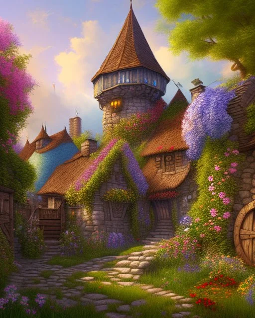 medieval fantasy village with flowers rpg art painterly