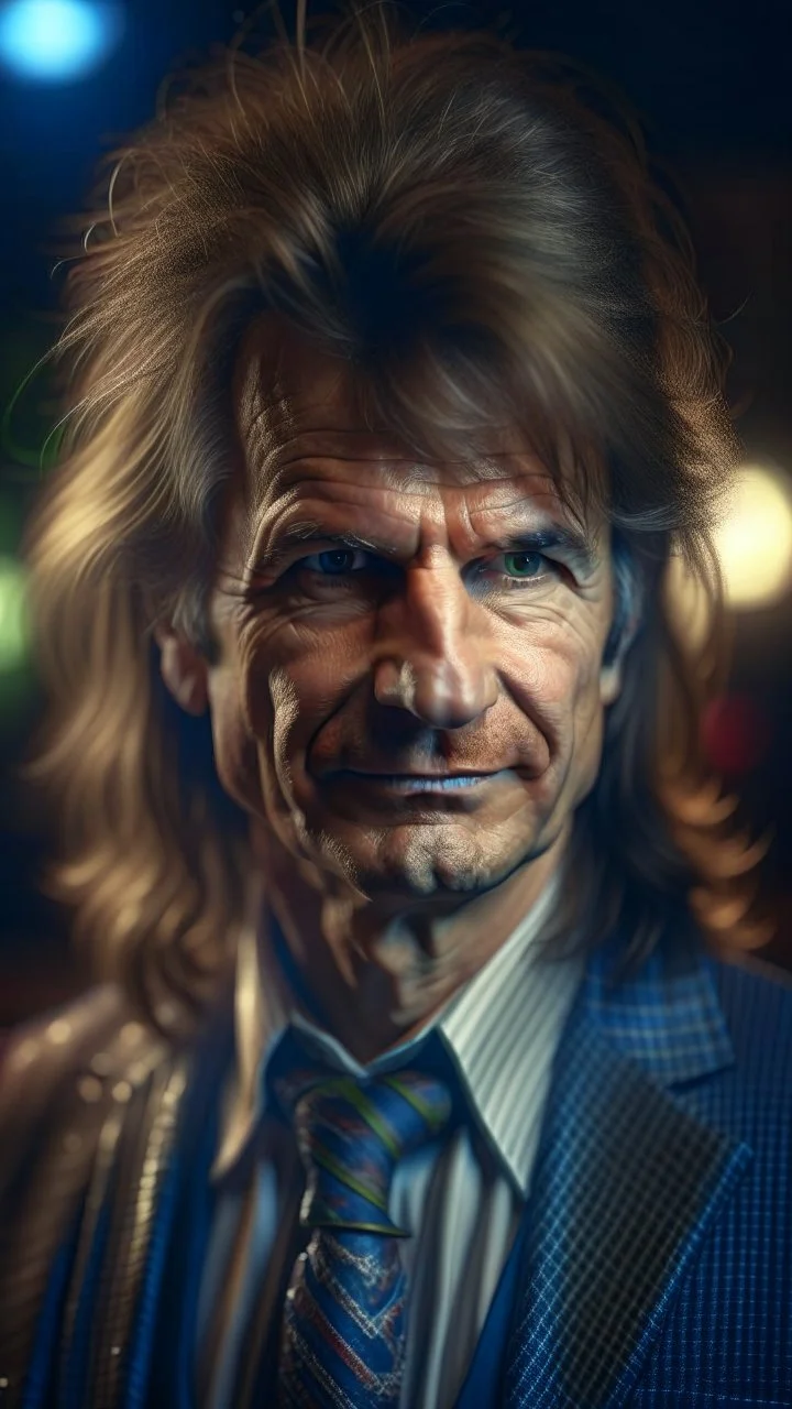 glam rocker from the 80s hair wearing a tie and face like a dino, shot on Hasselblad h6d-400c, zeiss prime lens, bokeh like f/0.8, tilt-shift lens 8k, high detail, smooth render, down-light, unreal engine, prize winning