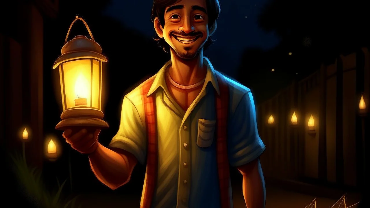 Ali appears in this night scene as a guest who carries within him glimpses of humor and childhood. His face shines with a wide smile and eyes that radiate innocence and joy. Ali wears casual clothes that reflect his childish character and sense of fun. He is shown holding a small lamp in his hand, which shines in the darkness and pierces the night with its warm colors. He looks like he's getting ready for an unusual adventure with his friends. Expressions of humor are reflected on his face, as