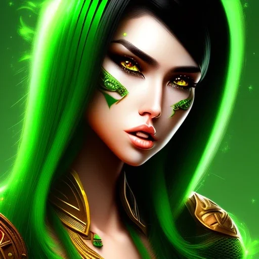 fantasy setting, multicolored hair, green and black hair, more black hair, more black hair