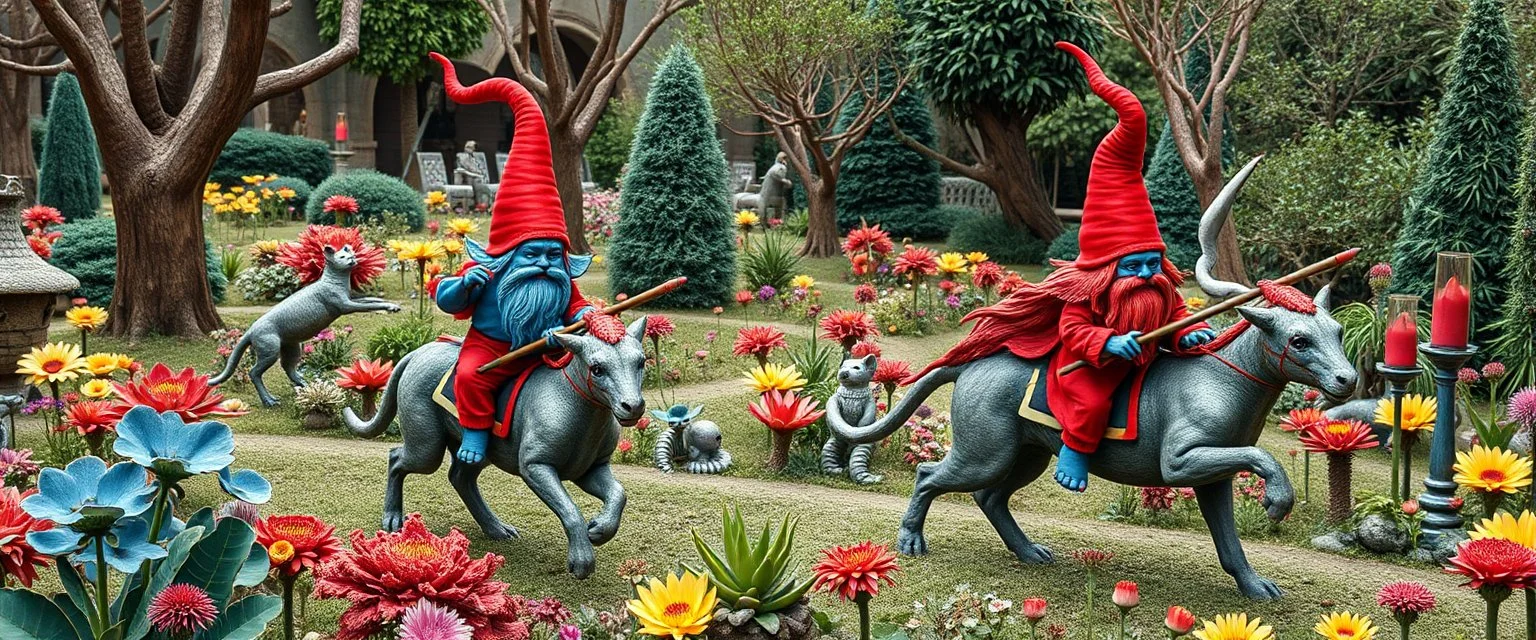 blue and red gnomes riding cats with lances in garden of eden the style of Escher and Giger