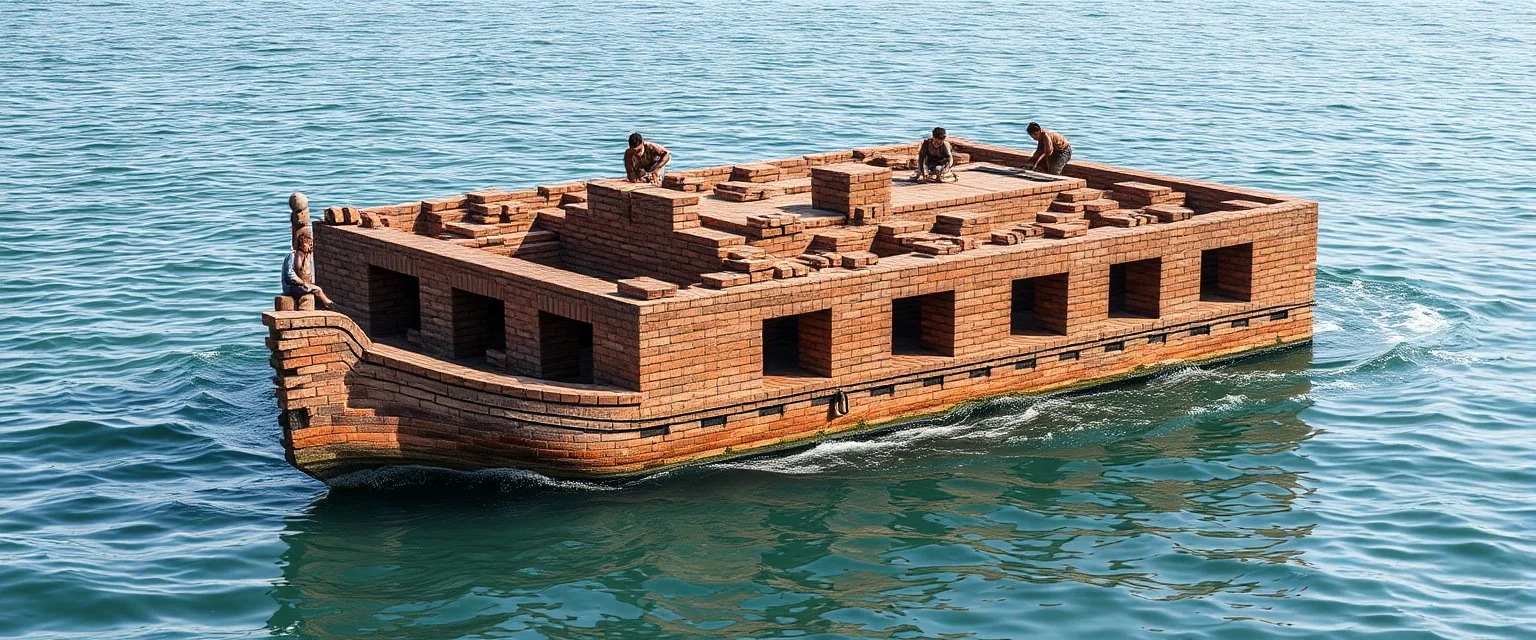 square boat made of bricks lotsa bricks, with beautiful water around, and a few workers on it, laying bricks, stacking them so high