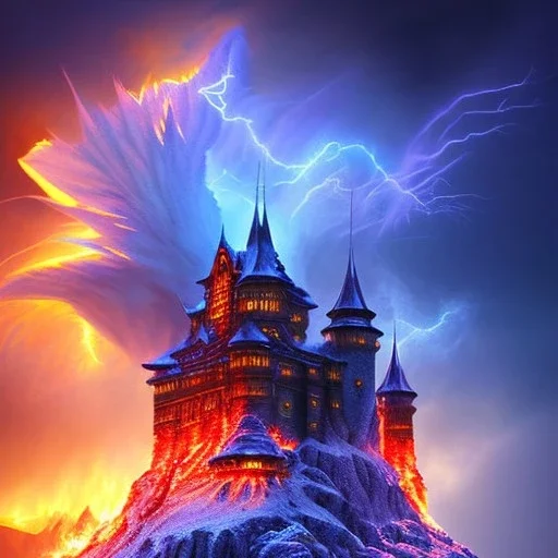 red dragon flying over exploding ice castle, blue storm clouds and burning lightening