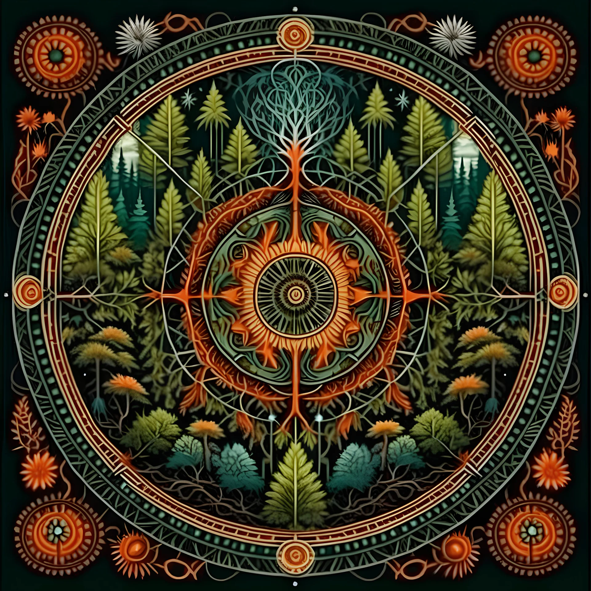 realistic image like a photo of bright indian mandala with forest roots, trees, ferns