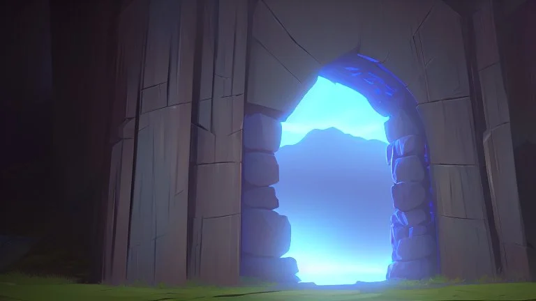 huge illuminated doorway in a rock wall in the side of the mountain