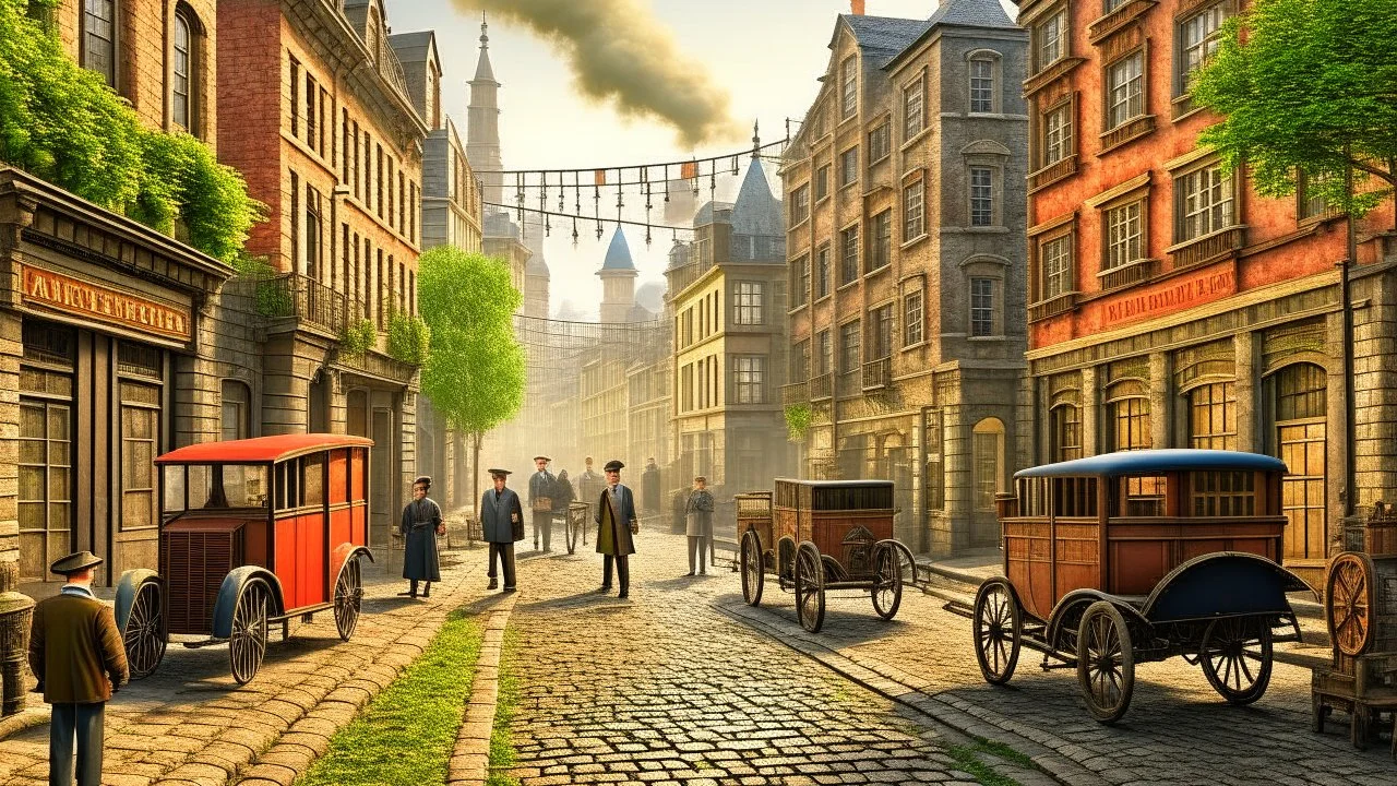 industrial steampunk street with cobbled pavement, steam cars, people, trees