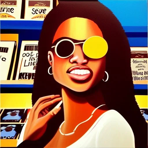 cream skin Girl in a Record store holding Stevie wonder's song's in the key of life oil painting zoomed out