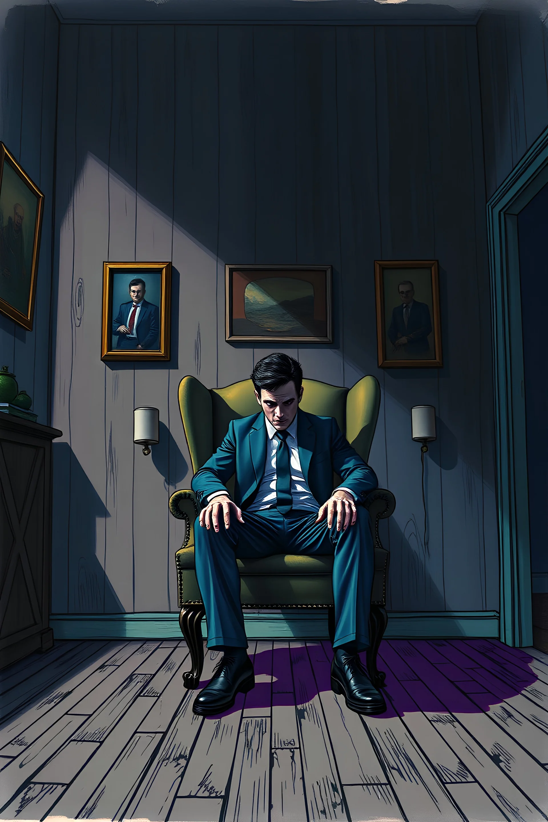 draw a man in the middle of the room sitting on a chair, do it in an intimidating way, as in a dream, use the most sinister colors and oddities