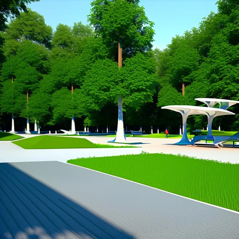 Parque, árboles, senderos, kioscos, bancas, sillas, gente, Arquitectura minimalista estilo Zaha Hadid, calidad ultra, 3D 8k