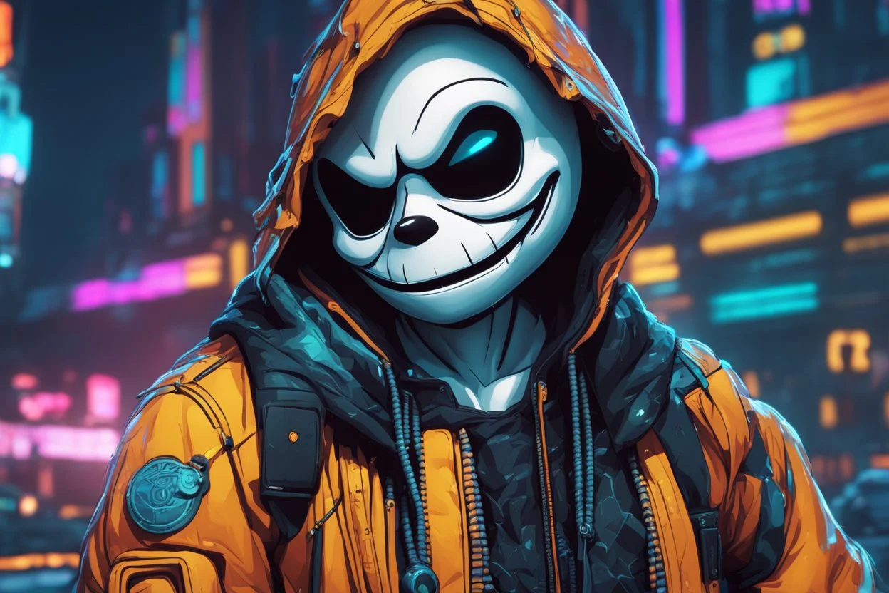 Sans in 8k cartoon artstyle, hacker them, neon effect, close picture, rain, fantasy world, intricate details, highly detailed, high details, detailed portrait, masterpiece,ultra detailed, ultra quality