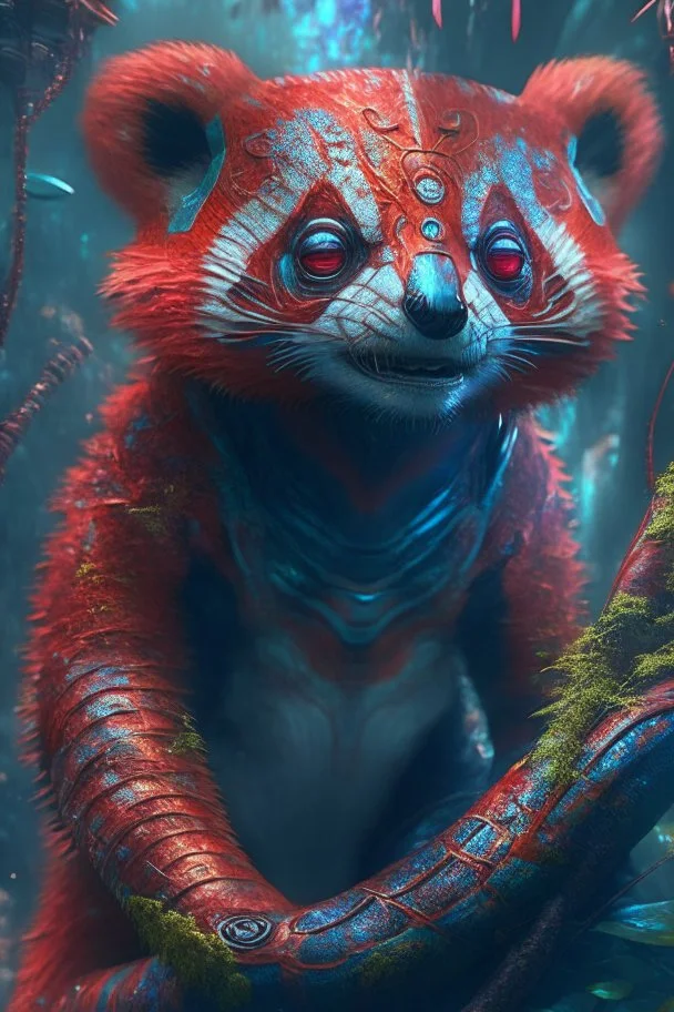 Red panda snake koala alien,FHD, detailed matte painting, deep color, fantastical, intricate detail, splash screen, complementary colors, fantasy concept art, 32k resolution trending on Artstation Unreal Engine 5