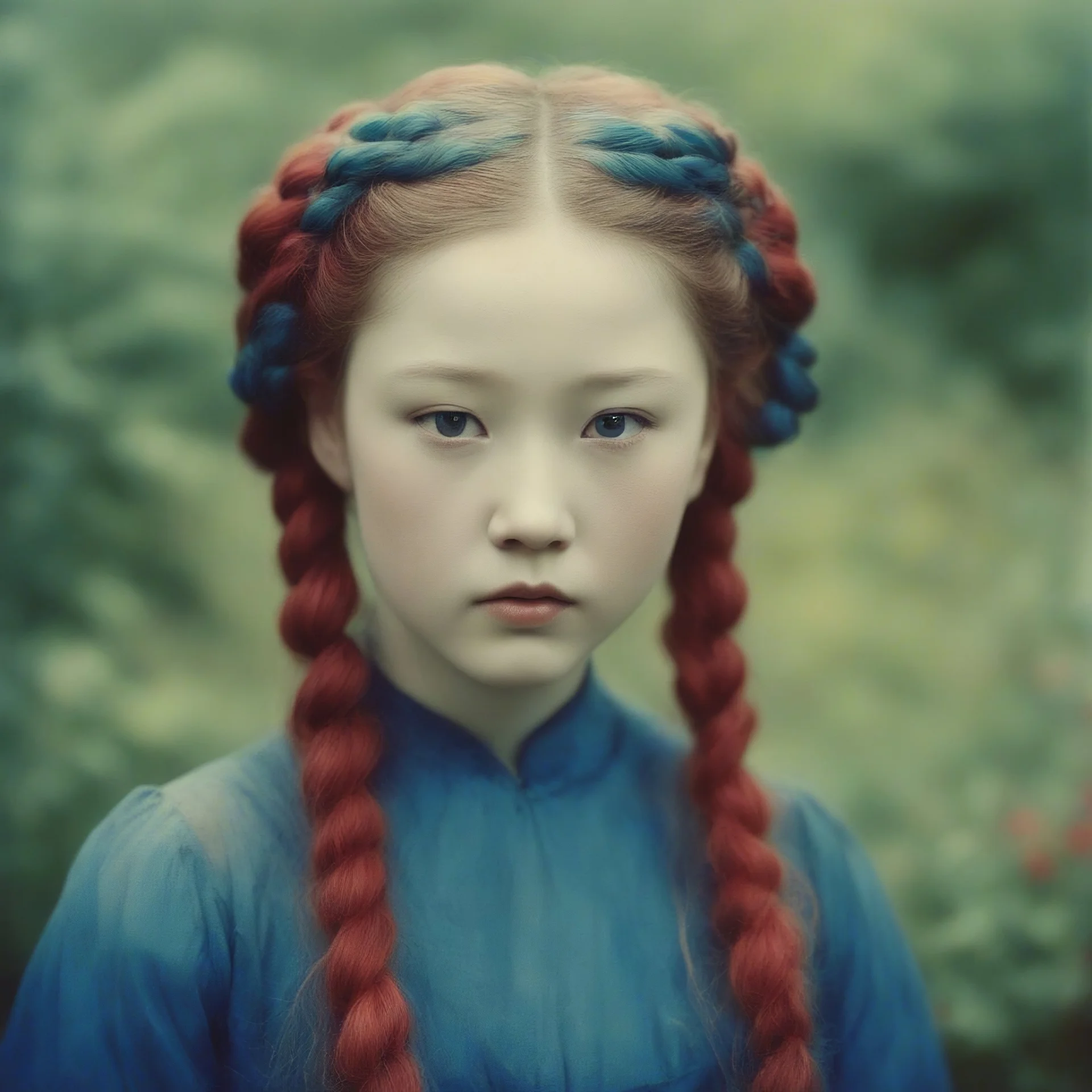 Old autochrome of devon aoki with red cheeks, strange blue braids. in a gardent, in 1830