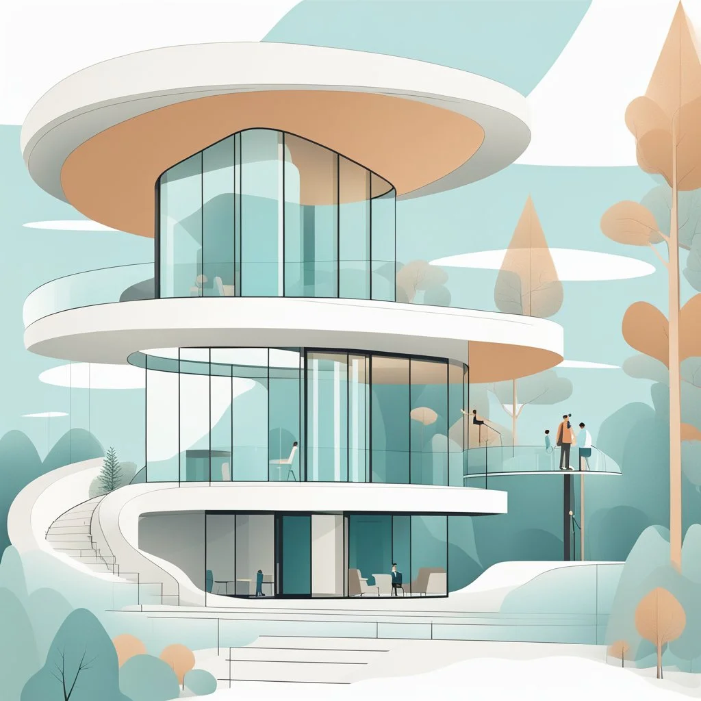 Vector illustration of a modern, neo-futufist country house with innovative shapes and curves. Concrete and glass materials. Trees, people