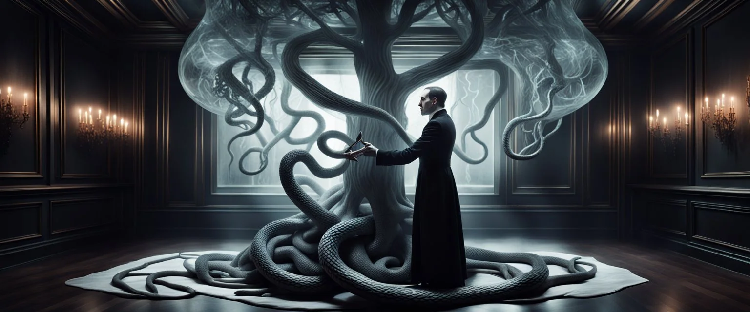 Portrait of aristocrat goth fighting to contain energy from floating chtonian glowing snakelike transparent moist tree made by twisted snakelike sticks creating weird geometric form in dramatic scene in luxury parlour in the style of Giger and Escher