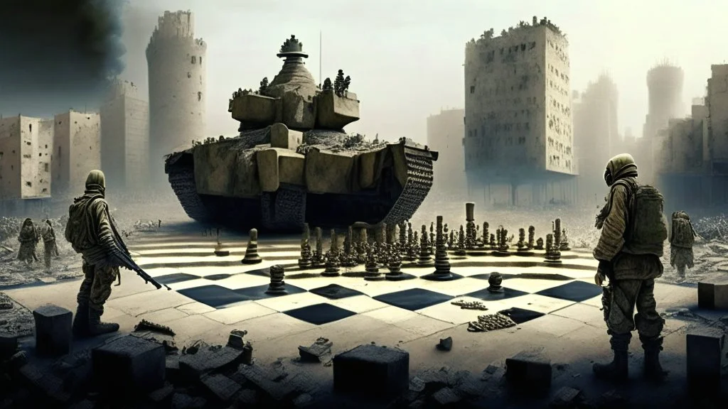 Israeli soldiers and tanks stand on a very large chessboard in the middle of a destroyed city