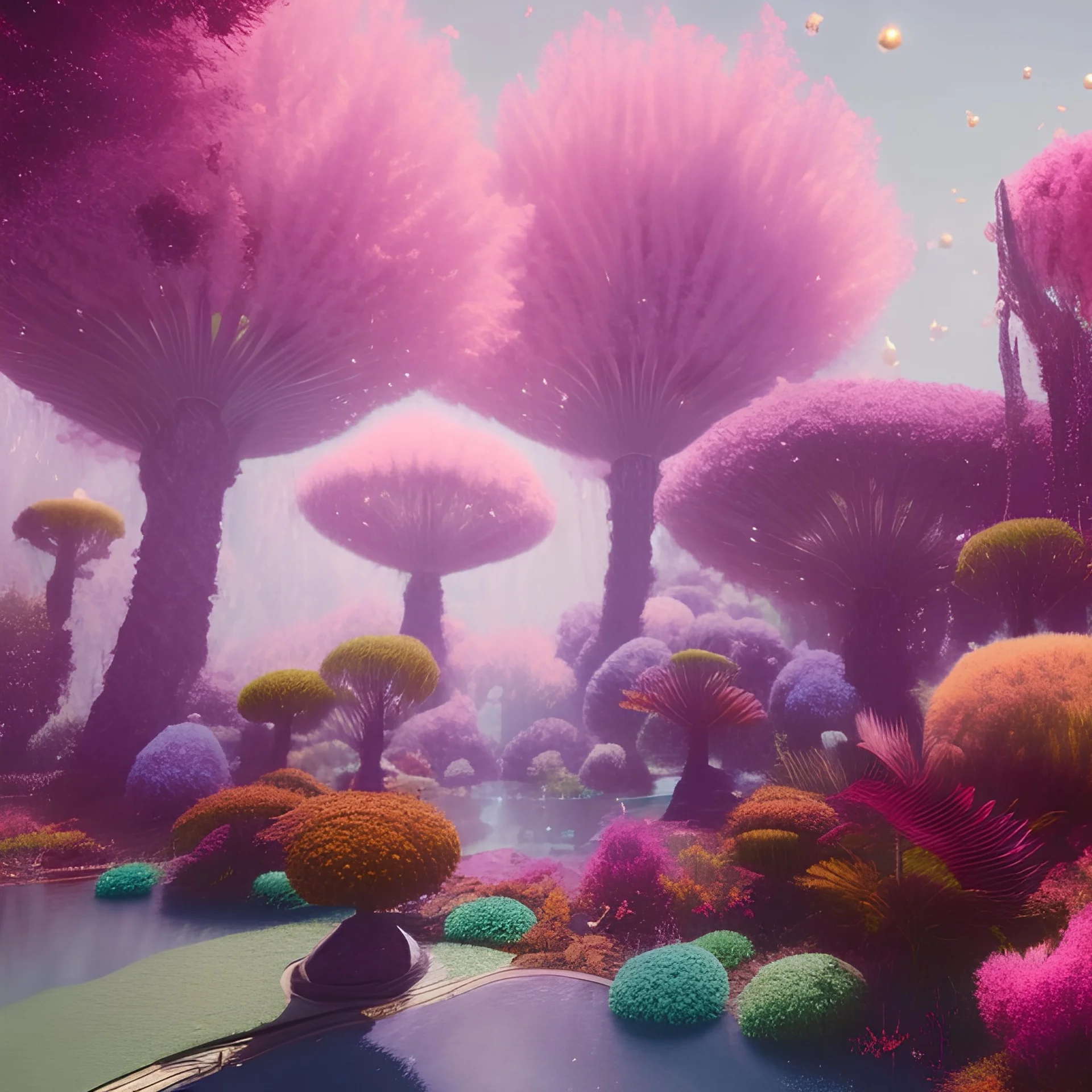 Alien bird paradise in beautiful gardens on a moon like planet, pink, blue, gold, sunny atmosphere, amazing detail, realistic, flowers, 8K, cinematic lighting, unreal engine