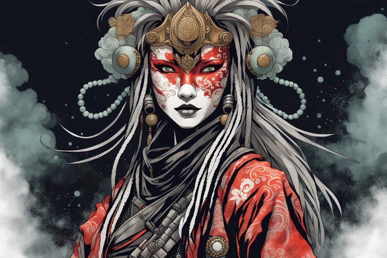 front facing portrait illustration of a gothpunk armored female kitsune vampire mercenary , beaded dreadlock hair, wearing an ancient ornate japanese kitsune mask , and shemagh, highly detailed with gritty post apocalyptic textures, caught in a cosmic maelstrom of swirling gases , finely detailed facial features and hair, in the graphic novel style of Bill Sienkiewicz, and Jean Giraud Moebius, ink wash and watercolor with realistic light and shadow