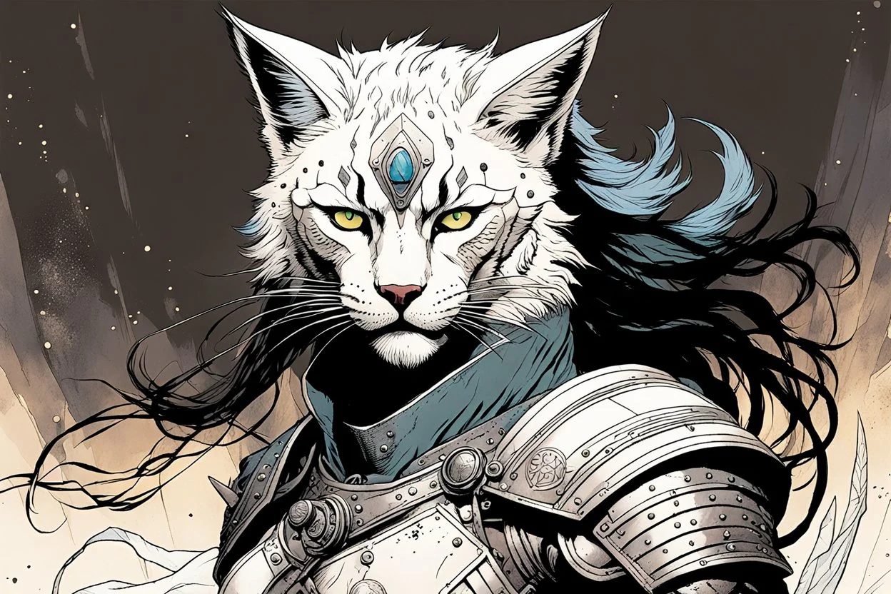 create an ethereal, otherworldly anthropomorphic Lynx female warrior , in the comic book art style of Mike Mignola, Bill Sienkiewicz, and Jean Giraud Moebius, with highly detailed fur and feminine facial features , finely inked , dramatic natural lighting