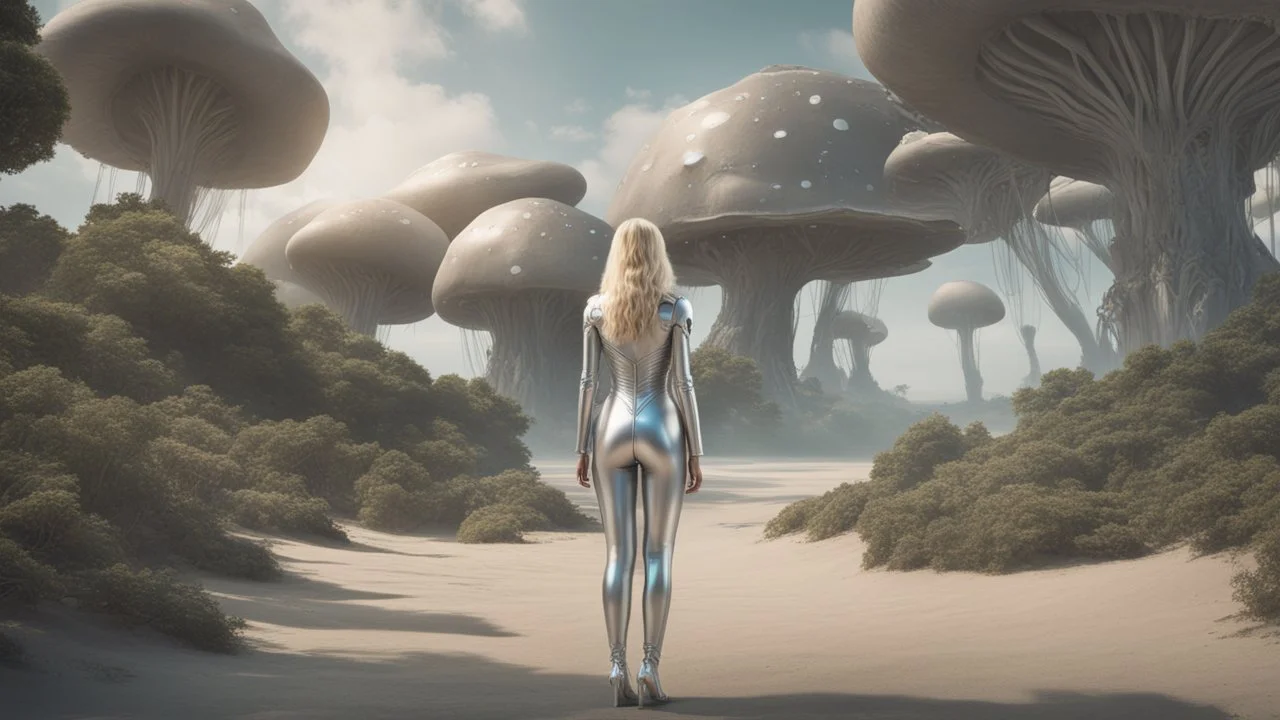 Wide-angle shot of a woman, standing to one side, with blond hair in a silver robotic catsuit, standing on a beach, gigantic flying mushrooms with jellyfish tentacles floating above her, with tall, narrow alien trees in the background