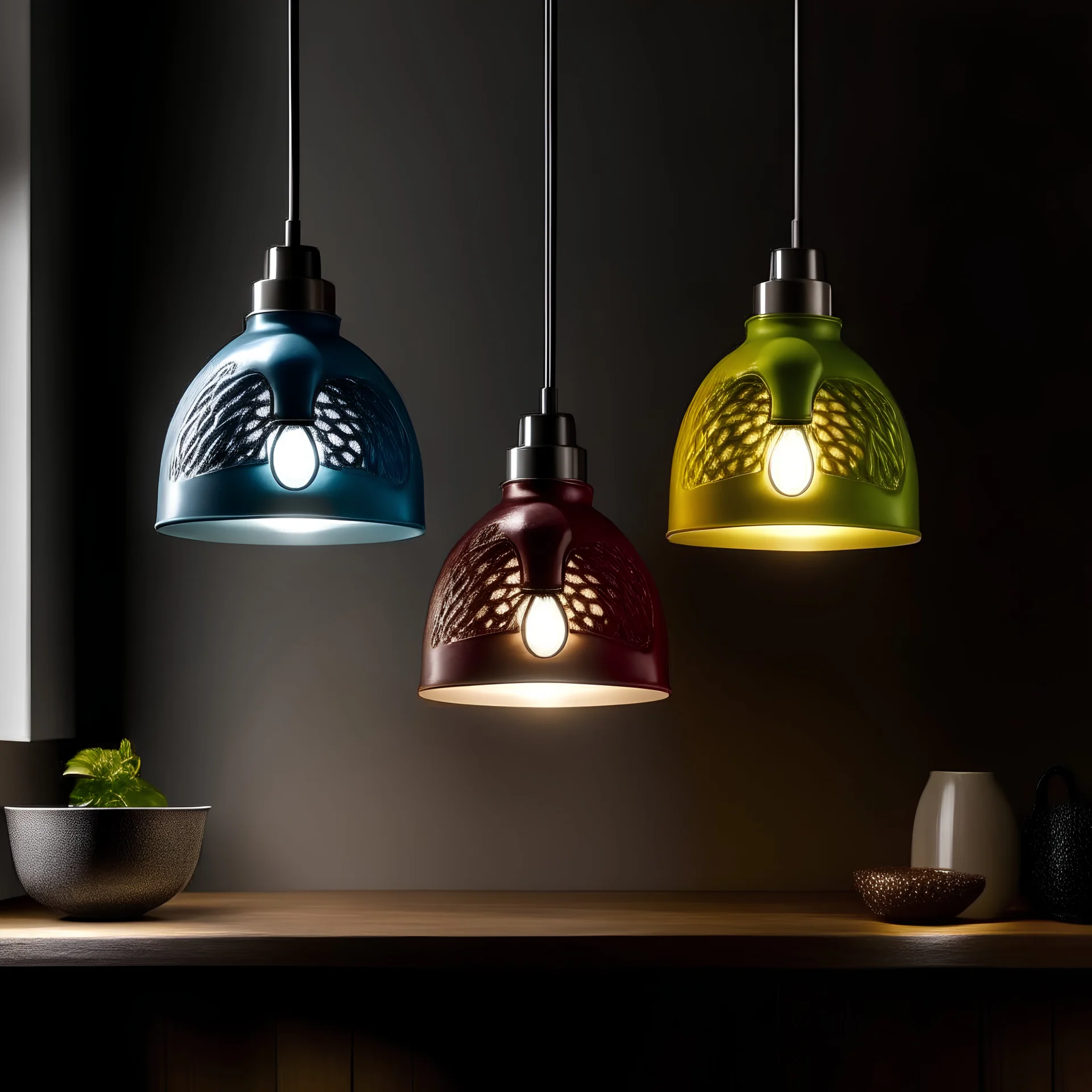 3 pendant lights different in colour and style.