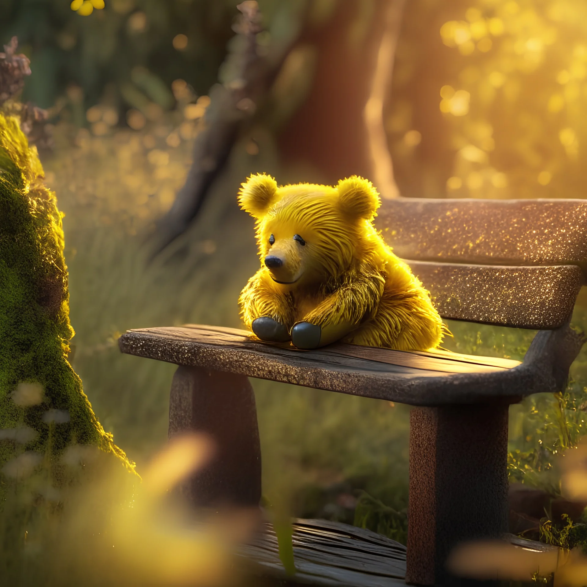 Photoreal close-up Winnie de Pooh covered in honey on a moss covered bench at dawn