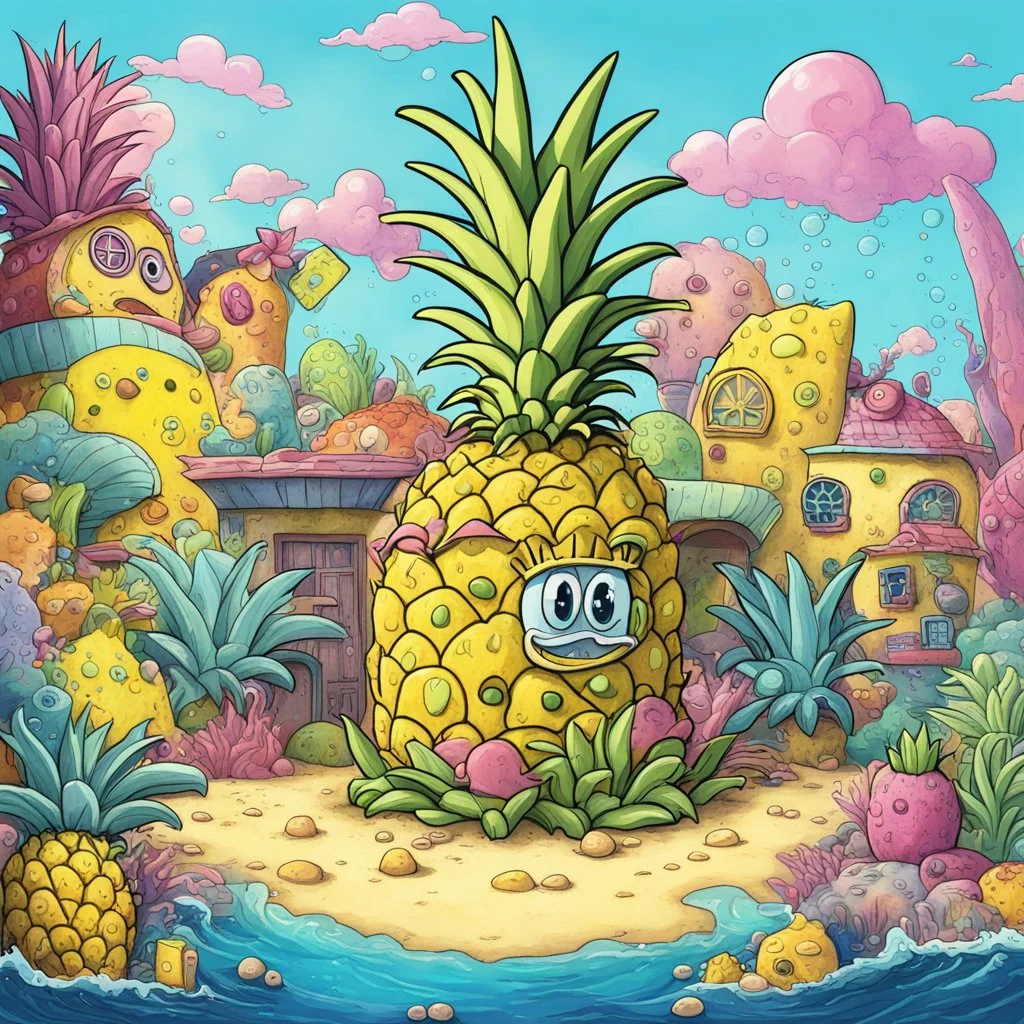 Iconic Spongebob TV Show Cartoon still of a Pineapple House under the sea, cartoon art, colorful, detailed illustration by Stephen Hillenburg, Spongebob show aesthetic