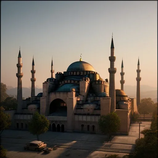 Sultanahmet cami sunset, photo realistic, unreal engine 5, octane render, cinema4d