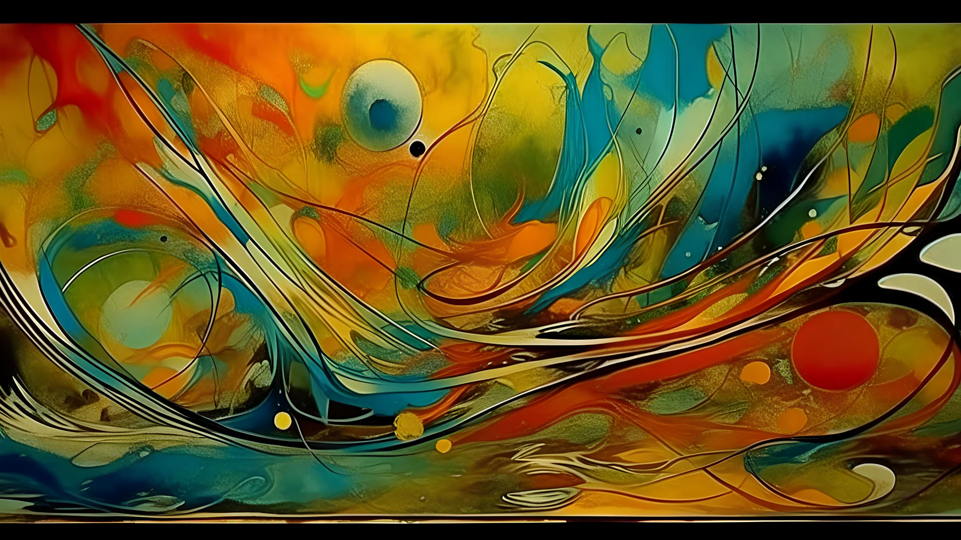 antique analog vintage, An abstract painting with vibrant colors and dynamic shapes, including swirling lines, jagged edges, and organic forms in shades of orange, yellow, green, and blue, creating a sense of movement and energy, stained vignette, highly detailed found footage, desaturated faded film, film skratches and dust