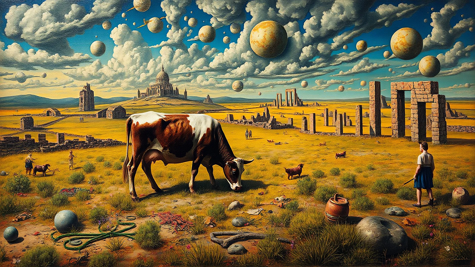 Surreal landscape painting, cow grazing in a field of ruins with small human figures, oil painting style inspired by Salvador Dali and Hieronymus Bosch, intricate details and textures, vibrant colors, long shot perspective.