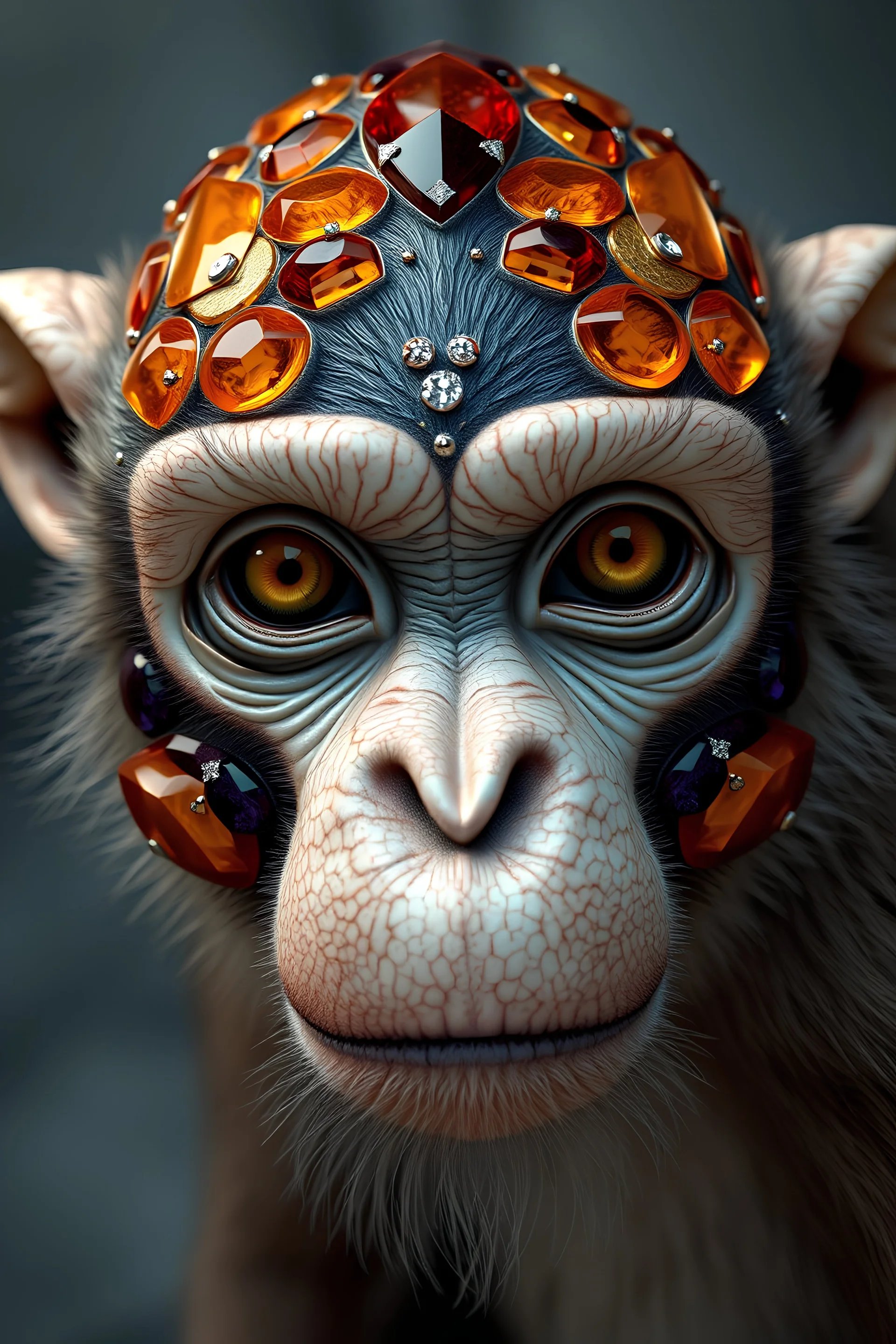 monkey face made of kintsugi texture, amber gemstones, purple and orange quartz mineral, earthy hematite, porcelain white, diamonds, detailed eyes, full perfect body, symmetrical, intricate detail, ultra high definition, sharp focus, photorealism, depth of field, 8k, octane render, unreal engine, --ar 2:3